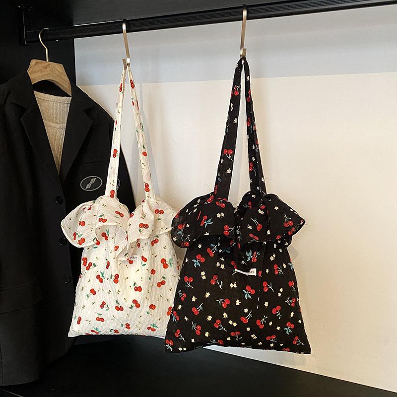 Spring and Summer New Mesh Cherry Floral Large-capacity Shoulder Bag Fairy Wind Chiffon Lotus Leaf Edge Portable Tote Bag