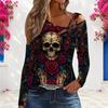 Women Plus Size Asymmetric Cutout Neck Cold Shoulder Long Sleeve Skull Floral Printed Black Fitted Shirt