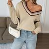 Women Long Sleeve V Neck Sweater Apricot Stripe Ribbed Knit Basic Cropped Casual Relaxed Fit Pullover Jumper