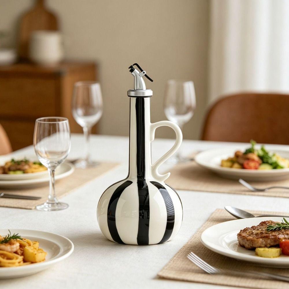 Nordic Style Ceramic Oil Bottle Hand-drawn Stripes Olive Oil Jug Cooking Equipment