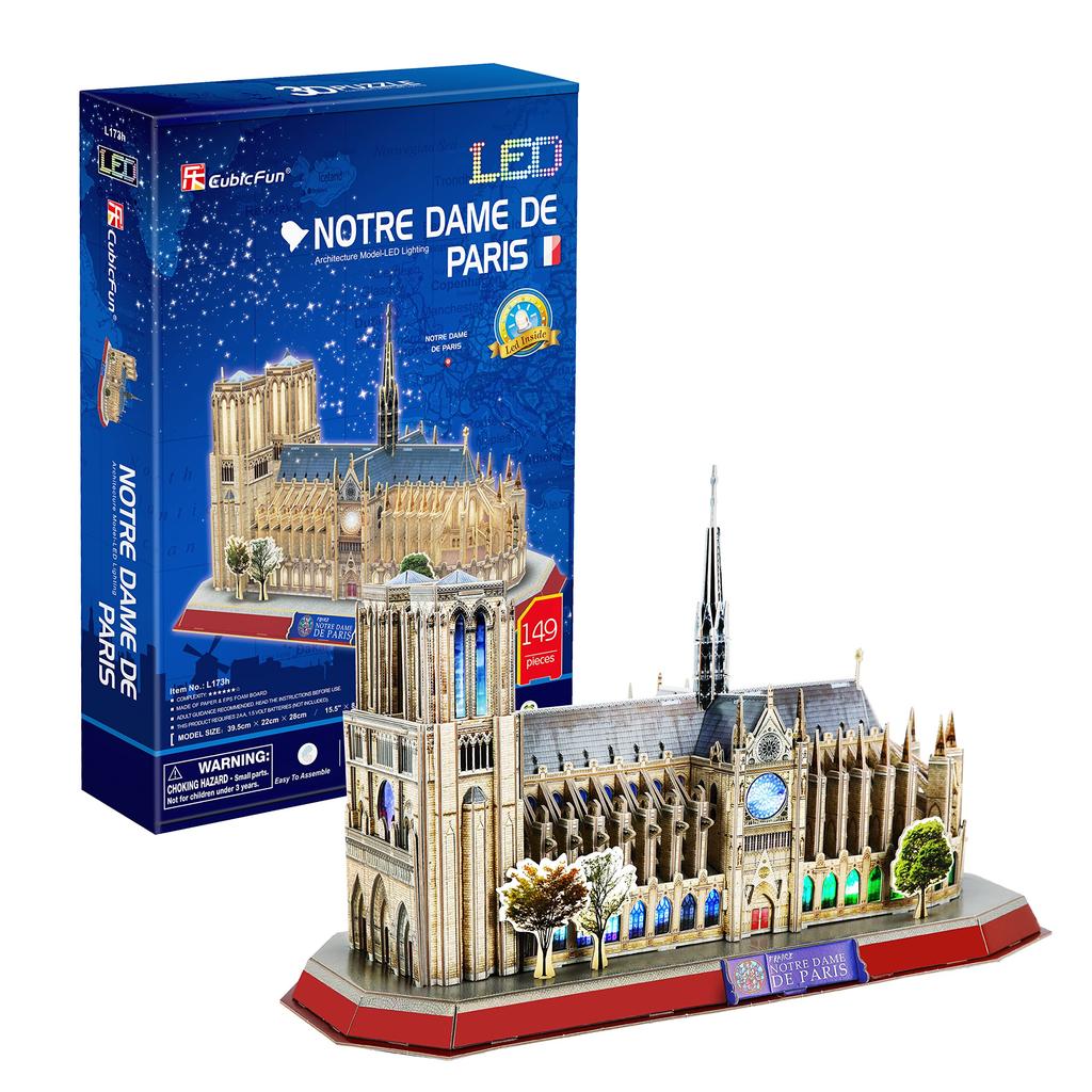 ASSYME Cubic Fan 3D Puzzle Craft Kit, Notre Dame Cathedral (with LEDs), L173h, No Glue or Tools Required