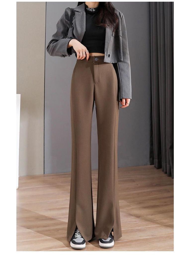 2026 Women's High-Waisted Flowing Black Micro-Flare Wide-Leg Trousers with Slit