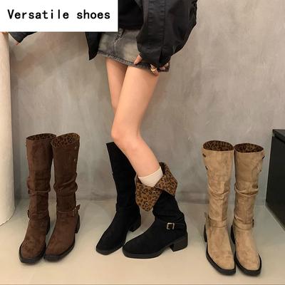 Винтажные женские ковбойские сапоги с леопардовым принтом в западном стиле, модные слипоны, длинные ботильоны, элегантные женские сапоги на толстом каблуке, botas mujer