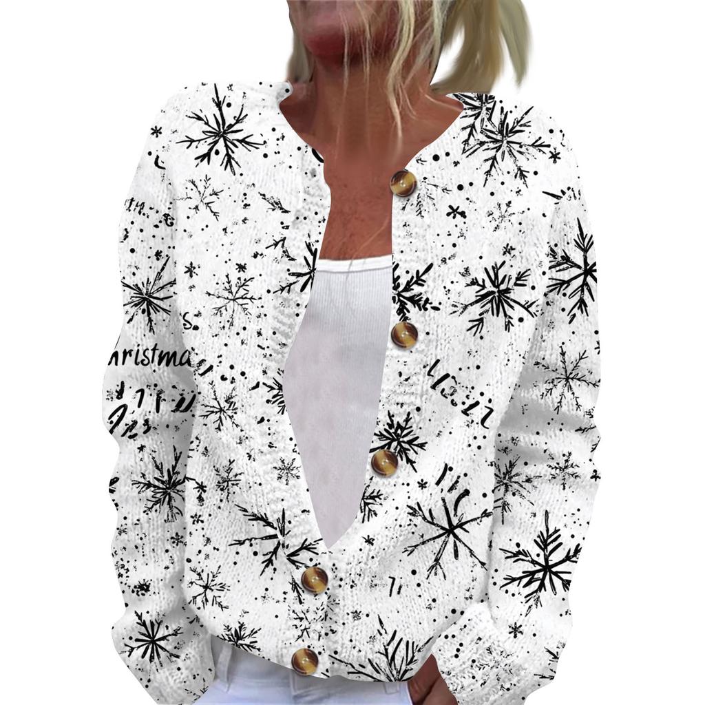 Women's Fashion Christmas Printed Long Sleeve Knitted Cardigan Button Down Jacket