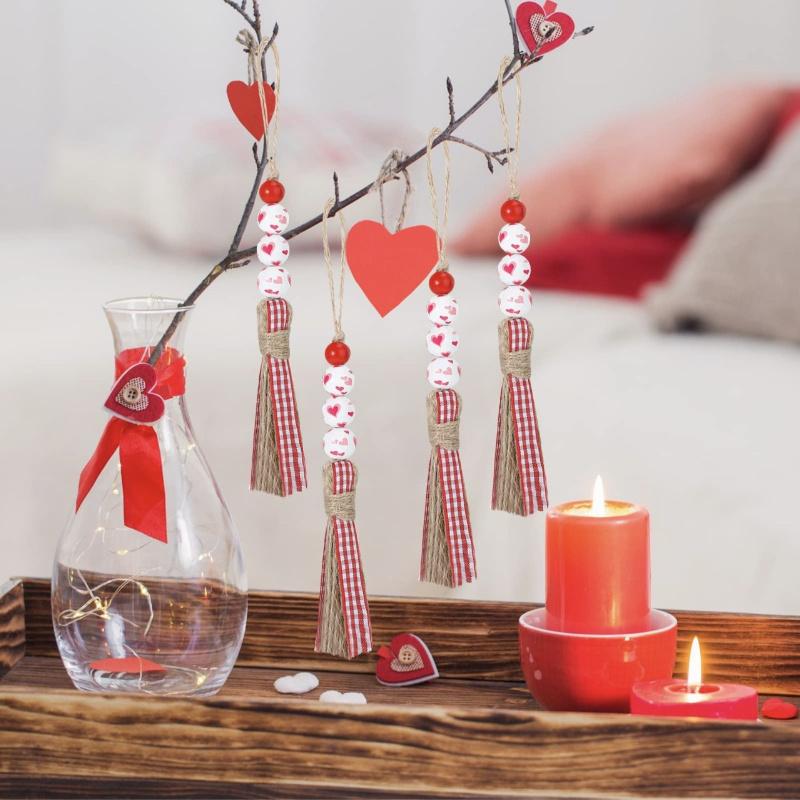 Valentine's Day Bead Hanging, Wedding Decoration,Office, Home Decoration Hanging,Red Heart Wood Bead Tassel Love Bead Decoration