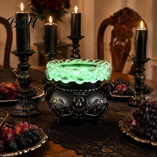 Decorative Mantle Accents Halloween Cauldron LED Bubble Light Decor, Color Changing Witch Potion Lamp with Decor Purple Light, Spooky Gothic Tabletop