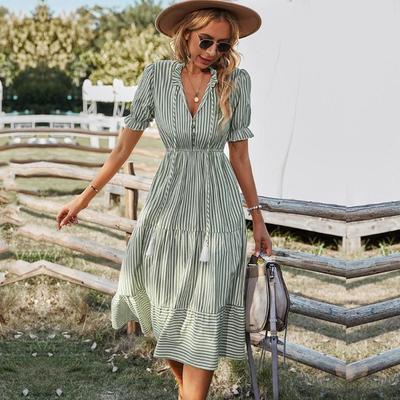 Женское летнее повседневное платье с V-образным вырезом, в полоску, с коротким рукавом, на пуговицах, средней длины, с кисточкой