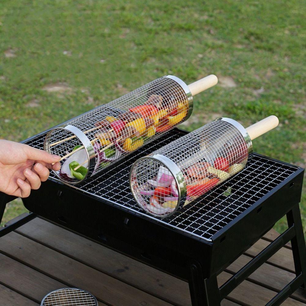 2/3Pcs Set Stainless Steel BBQ Basket Cylinder Barbecue Rack Useful Barbecue Cage for Outdoor