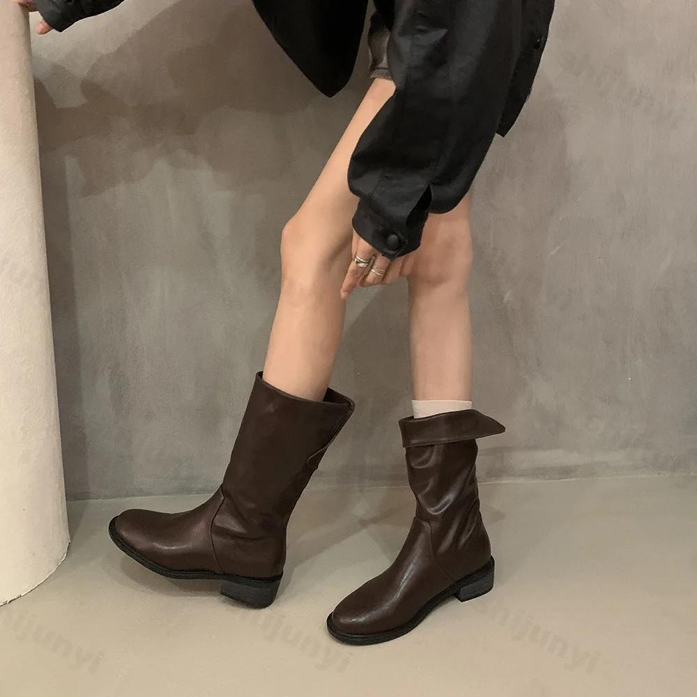 Модные женские сапоги на высоком каблуке с плиссе до середины голени, осенне-зимние женские модные кожаные сапоги в стиле вестерн, женские сапоги-ковбойши с острым толстым каблуком