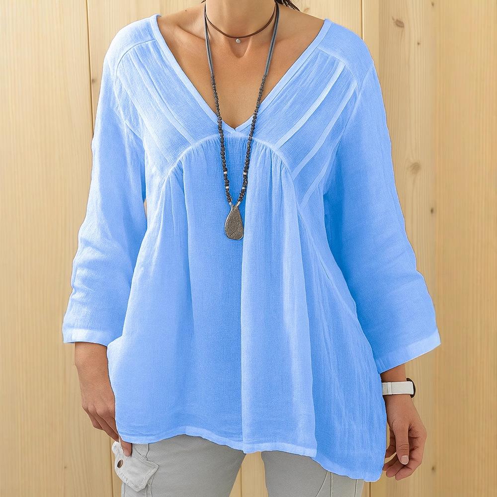 Новая женская повседневная футболка с V-образным вырезом, длинным рукавом, свободного кроя, однотонная, многоцветная