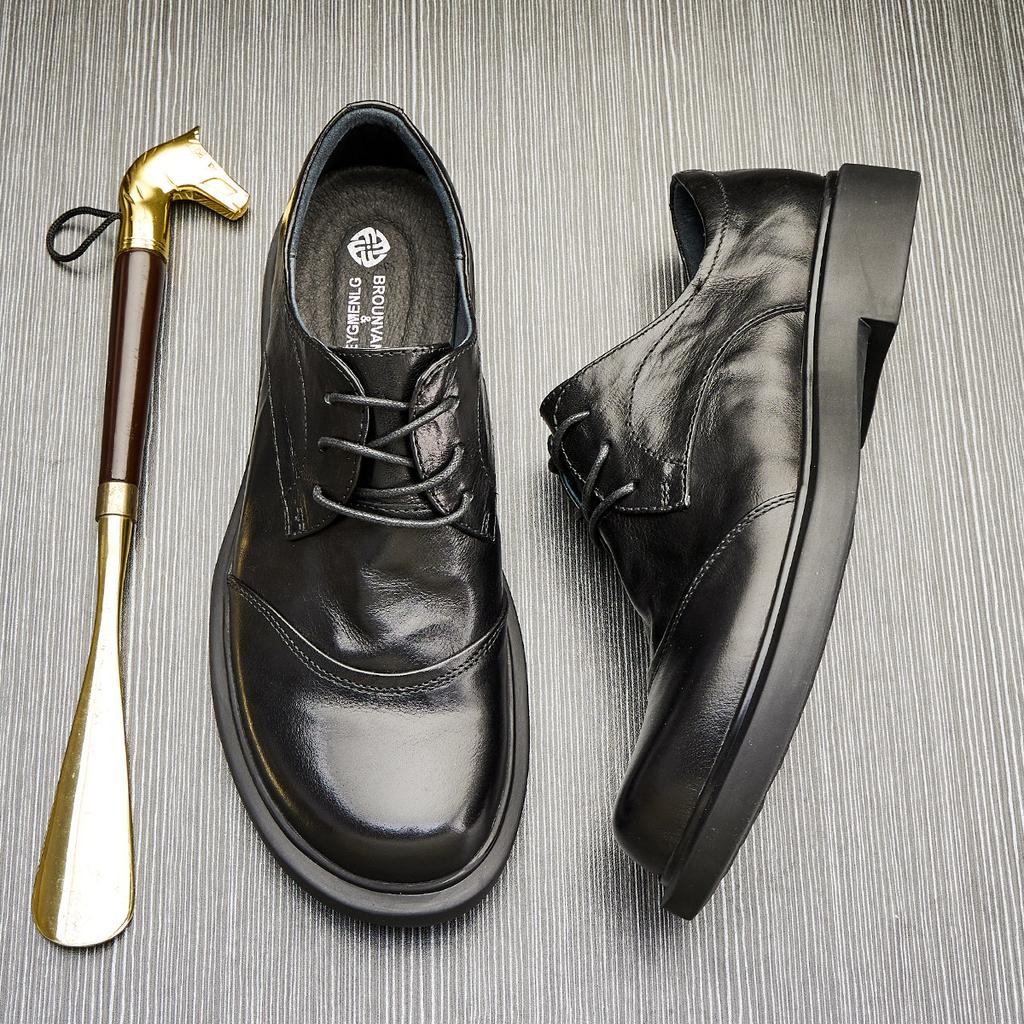 Мужские кожаные туфли с низким верхом, на круглой платформе, из мягкой кожи, на шнуровке, повседневные деловые туфли, модные универсальные туфли небольшого размера из кожи