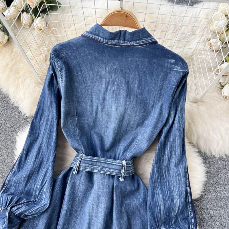 RUGOD Джинсовое платье женское весеннее новое корейское платье с воротником в стиле ретро с талией длинное платье темпераментное платье средней длины