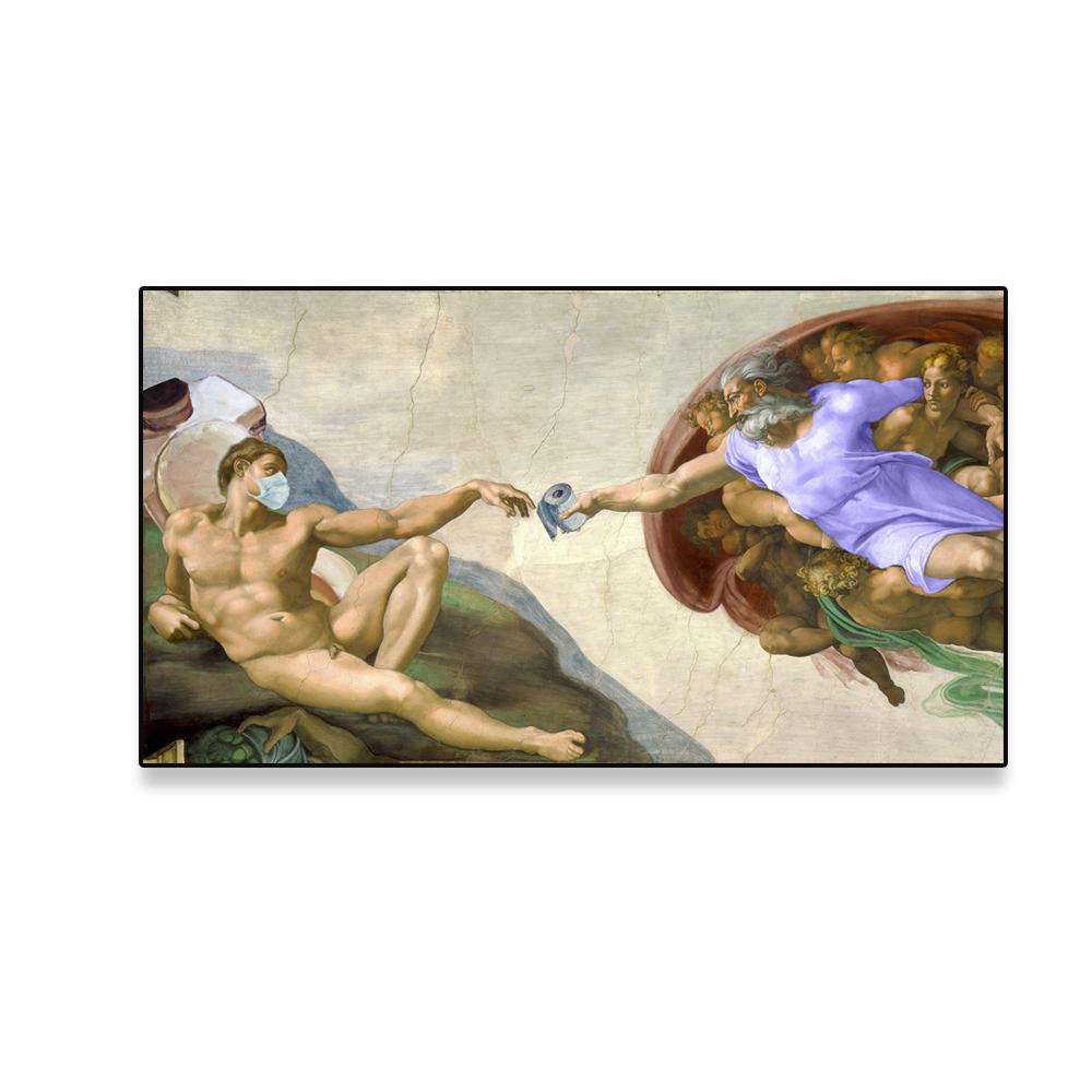 Funny Toilet Paper Poster Michelangelo Creation of Adam Famous Figure Portrait Canvas Painting Wall Art Bathroom Room Decoration