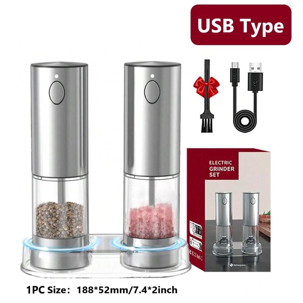 Электрическая мельница для соли и перца с подставкой, перезаряжаемая через USB, из нержавеющей стали, регулируемая степень помола, серебряные подарки