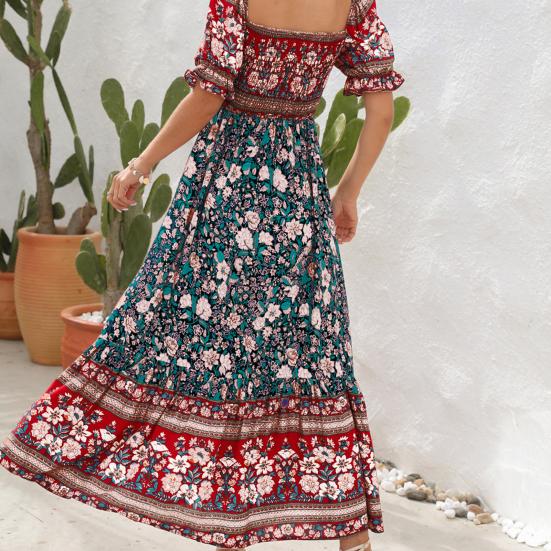 Женское платье макси в стиле бохо, летнее, повседневное, с цветочным принтом, струящиеся платья, короткие, с буфами