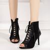 Fashion Sandals Hollow Mesh Heels Women's Shoes Summer 2025 Trend Black Lace-Up Sexy Peep Toe Boots Stilettos Jazz Dance Female Shoes