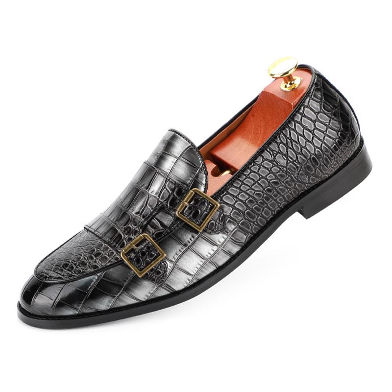 Luxury Dress Shoes Mens Classic Crocodile Pattern Leather Shoes Monk Buckle Strap Pointed Toe Party Loafers Shoes For Men