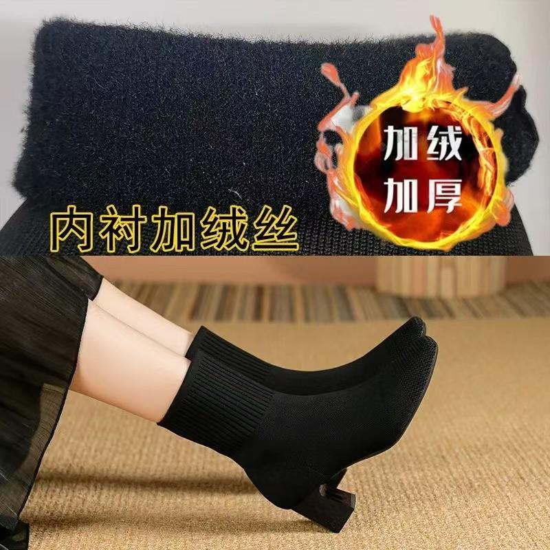 Женские перчатки, массивные ботильоны на среднем каблуке, с острым носком, вязаные носки, ботильоны до икры, повседневная теплая обувь для женщин, удобные блочные каблуки, ботинки для ходьбы