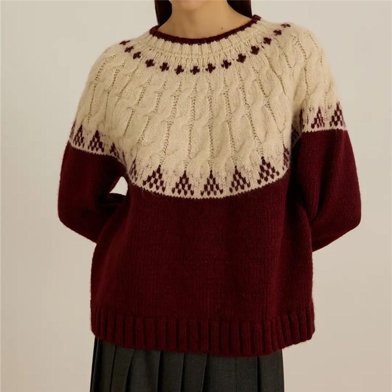 Womens Crew Neck Colorblock Knit Sweater Loose Fit Casual Pullover With Geometric