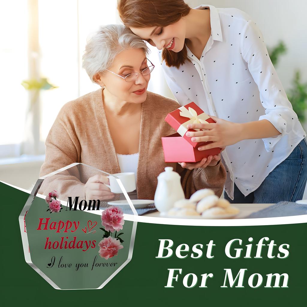 1 Acrylic Block Gift for Mom - Elegant Pink Peonies & Heart Accents, Engraved 'Mom Happy Holidays I Love You Forever' - Modern Decorative Keepsake