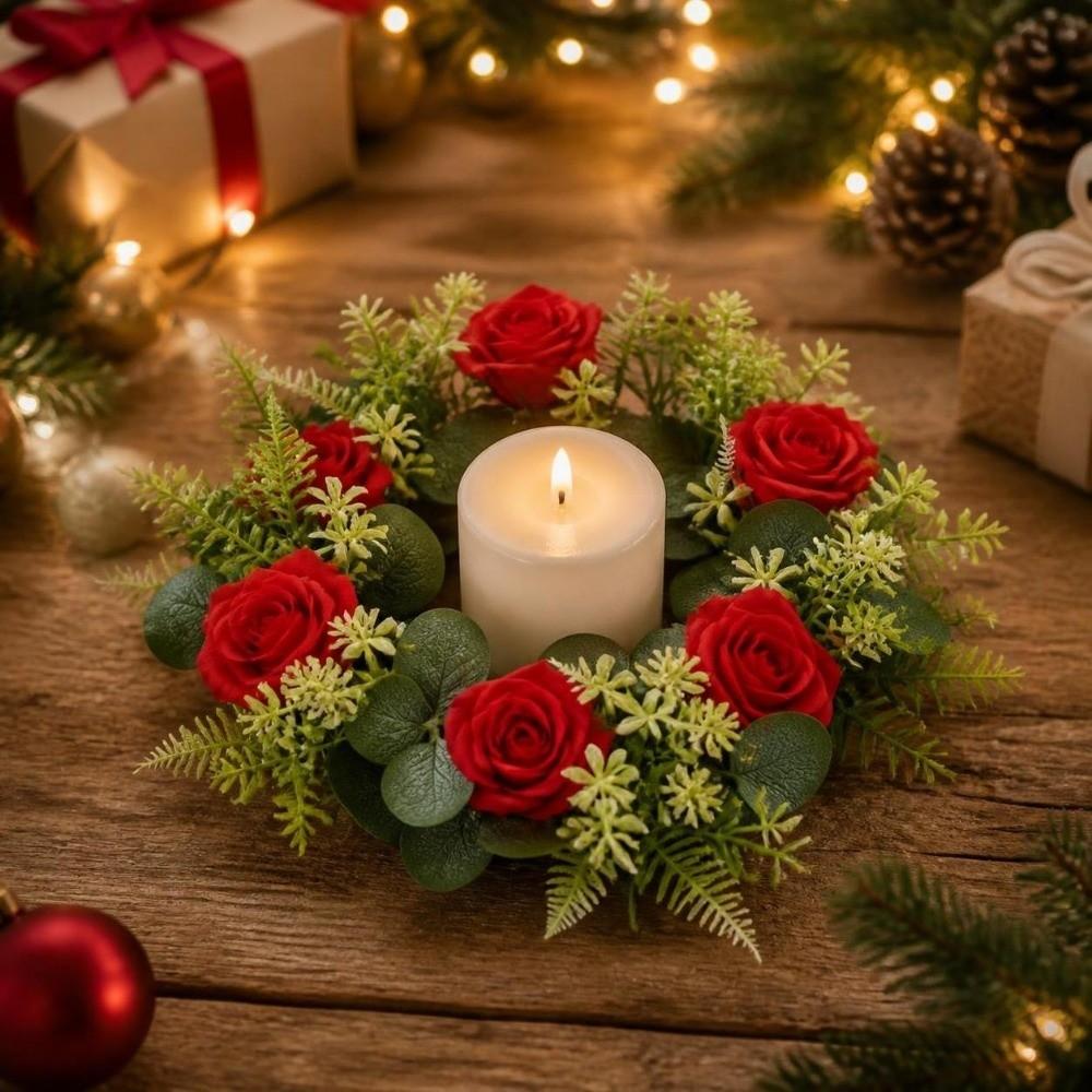 Rose Pillar Candle Holder Artificial Green Leaves Christmas Candle Rings Party