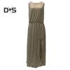 Женское летнее платье с плиссировкой, круглым вырезом, без рукавов, однотонное, свободное, с разрезом, макси-платье, повседневная одежда для свиданий, вечеринок, длинное платье