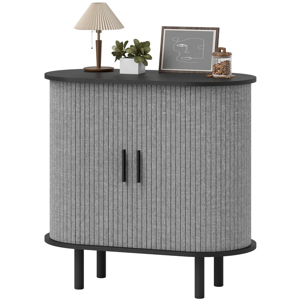 Tambour Sideboard with Fluted Sliding Doors, Modern Kitchen Cupboard with Storage Shelves and Wooden Legs, Grey