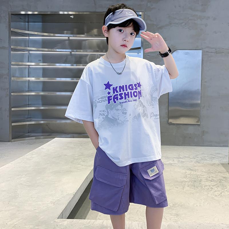 Boys' Summer Short sleeved Set 2026 New Children's Summer Thin Edition Medium sized Children's T-shirt Shorts Two piece Set Handsome