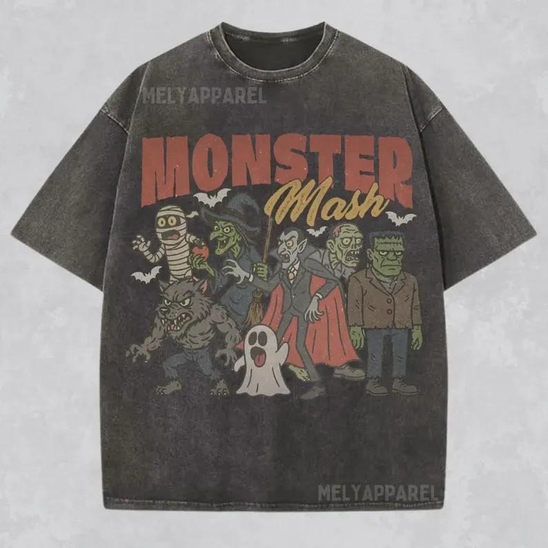 Хэллоуин ; Винтажная футболка с графическим принтом «Monster Mash»; Жуткая футболка с мультяшным принтом для унисекс