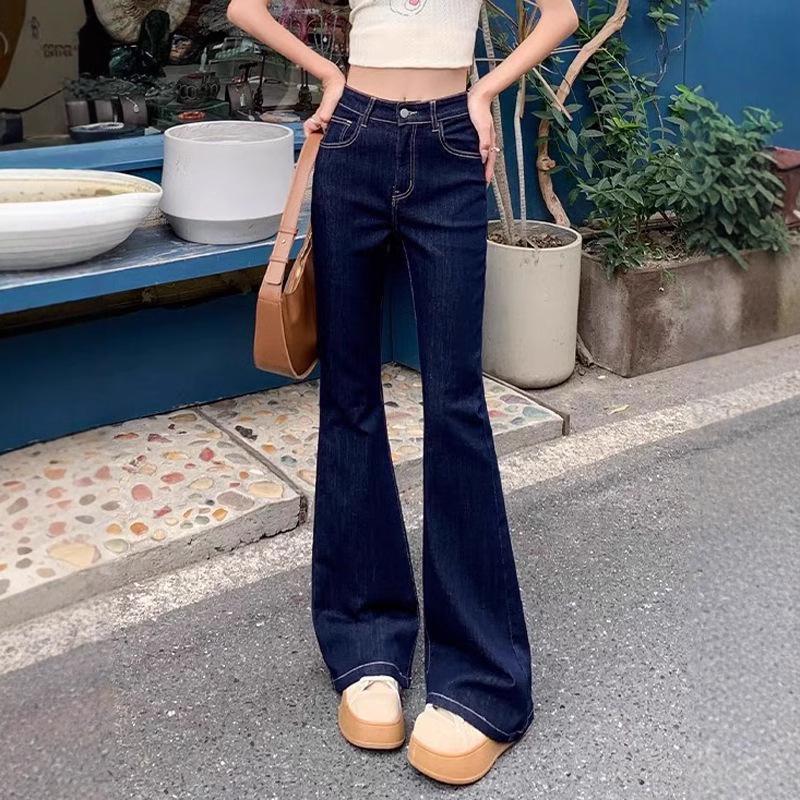 Женские темно-синие джинсы микро-клеш с высокой посадкой - Петит, Стрейч, Слим, Подкова, Длинные брюки для осени