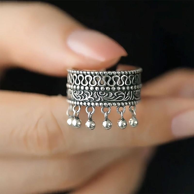 Винтажные тайские серебряные круглые бусины, кисточка, регулируемые кольца на палец для женщин, хип-хоп, ювелирное украшение, подарок, вечеринка, рок
