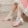 Sweet High-heeled Single Shoes Thick-heeled  Shoes Bow Spring and Autumn New Round Head Waterproof Table One-word Buckle Light-mouth Shoes