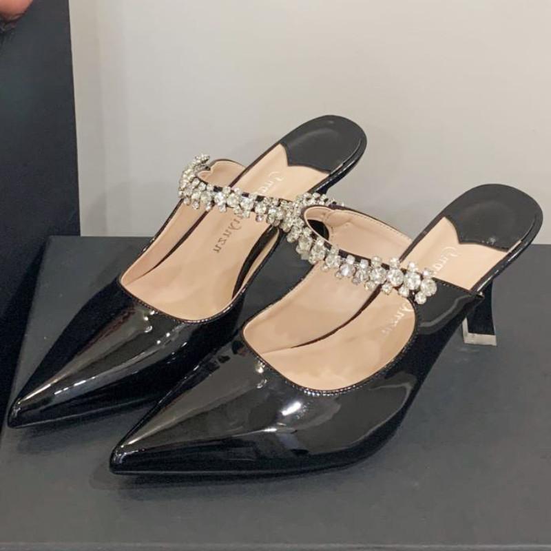 Fashion Luxury Rhinestone Pointed Toe High Heel Shoes for Woman Summer Patent Leather Thin Heels Mule Shoes Fashion Elegant Dress Shoes