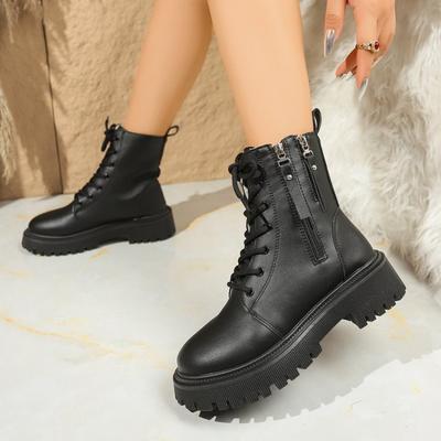 Женские ботинки большого размера, удобная обувь, женские зимние ботинки на шнуровке, кожаные мотоциклетные ботинки, толстые теплые длинные плюшевые ботильоны для женщин