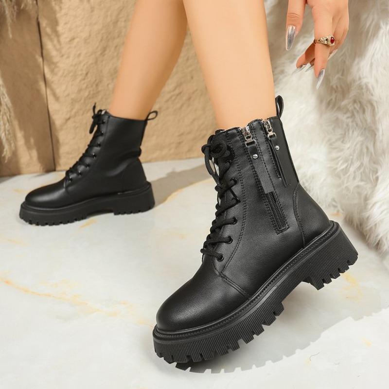 Модные женские ботинки Толстые теплые длинные плюшевые ботильоны Женские зимние ботинки на шнуровке Кожаные мотоциклетные ботинки Большого размера Удобная обувь Женская