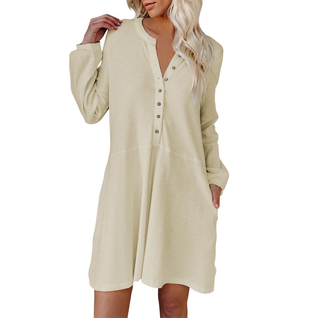 Женское осенне-зимнее модное и повседневное однотонное платье с V-образным вырезом и длинными рукавами на пуговицах