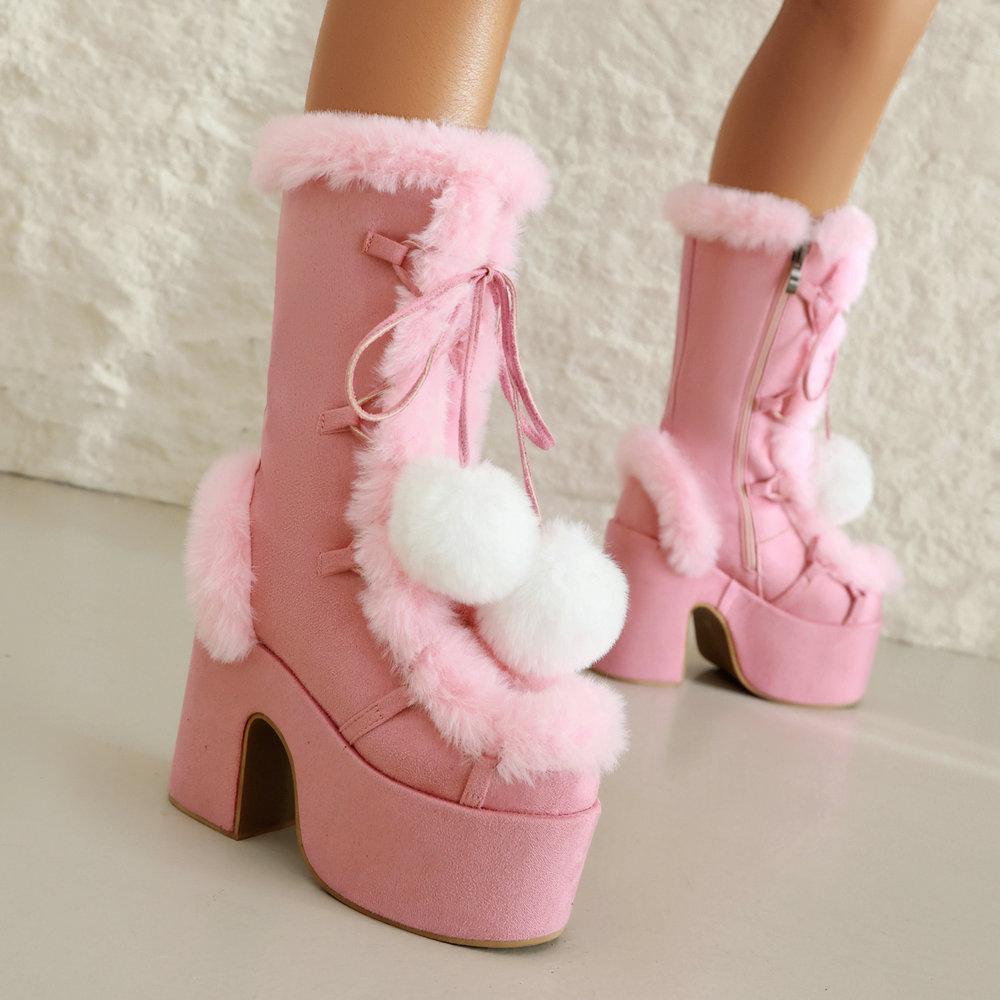 Lovely Lolita Mid-Calf Boots Women's Platform Thick Heels Sweet White Show Party Cosplay Ladies Fur Zipper Boots Pom-pom Pendant
