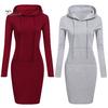 Casual Solid Color Long Sleeve Bodycon Hoodies Women Hooded Knee Length Dress