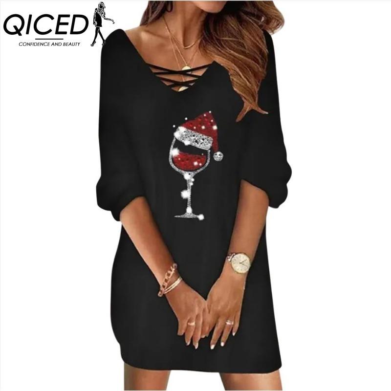 QICED Женская мода весна осень однотонный принт с длинным рукавом и v-образным вырезом с высокой талией повседневные платья