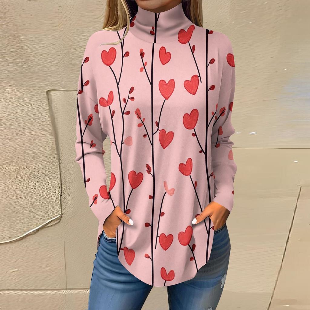 Футболки для женщин, осенние повседневные рубашки с длинным рукавом, толстовка с принтом, топ с высоким воротом, пуловер