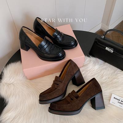 Коровья кожа~ Увеличение роста 7 см ретро кожа толстый каблук лоферы женские круглый носок высокий каблук туфли-лодочки педаль для ленивых маленькие кожаные туфли