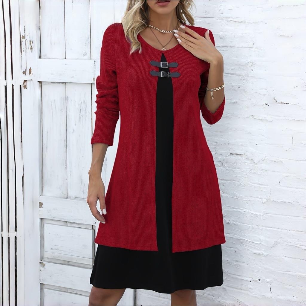 Женское цельное платье с цветными блоками, круглым вырезом, длинными рукавами и застежкой на пуговицы, повседневное элегантное платье