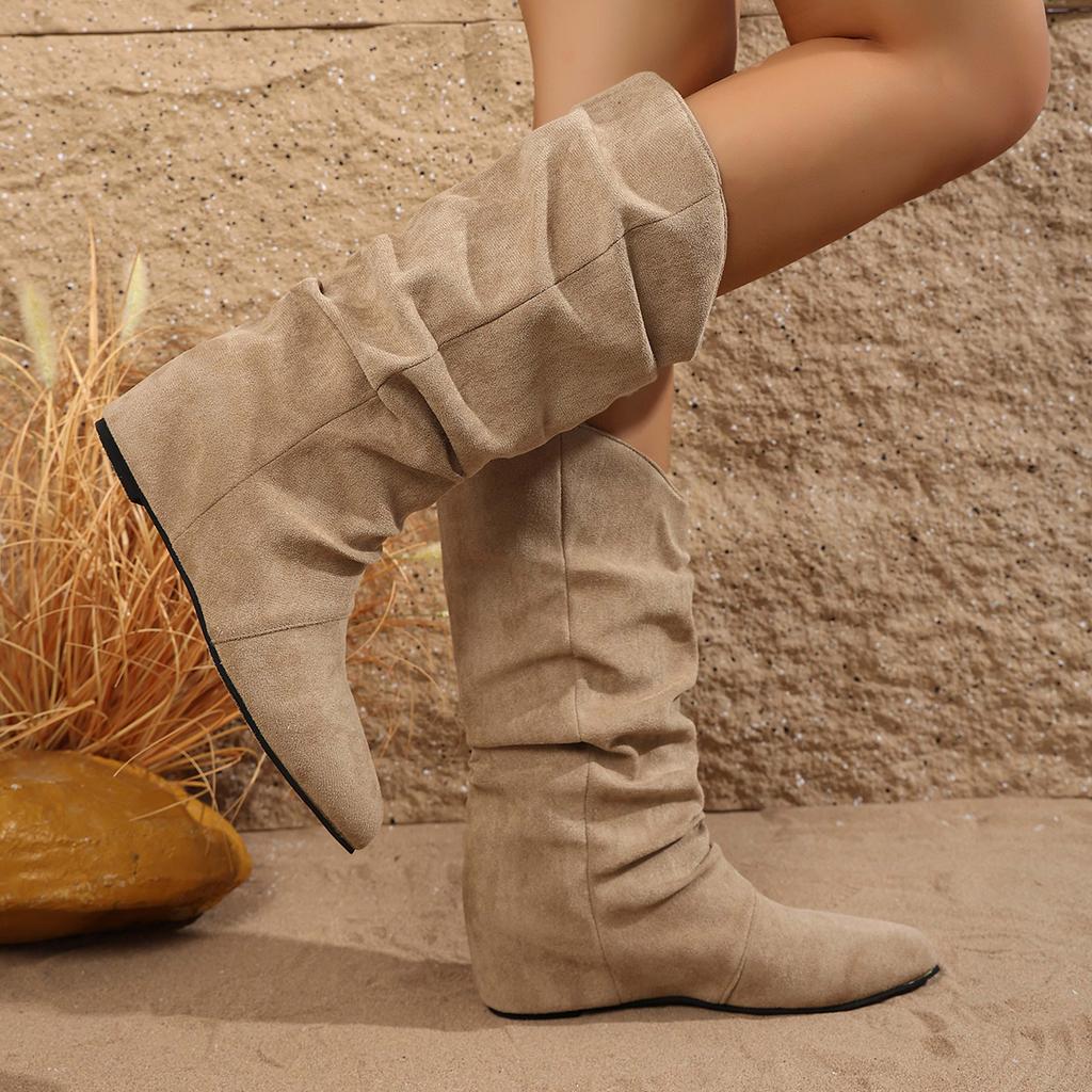 Designer New Shoes Women  Spring Knee High Boots Black White Tall Boots Woman Pleated Low Heel Casual Leather Female Long Shoes