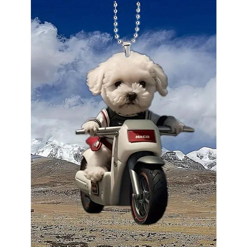 1 шт. Милое акриловое украшение для автомобиля с рисунком белой собаки, едущей на велосипеде, можно использовать как автомобильный талисман или украшение для рождественской елки
