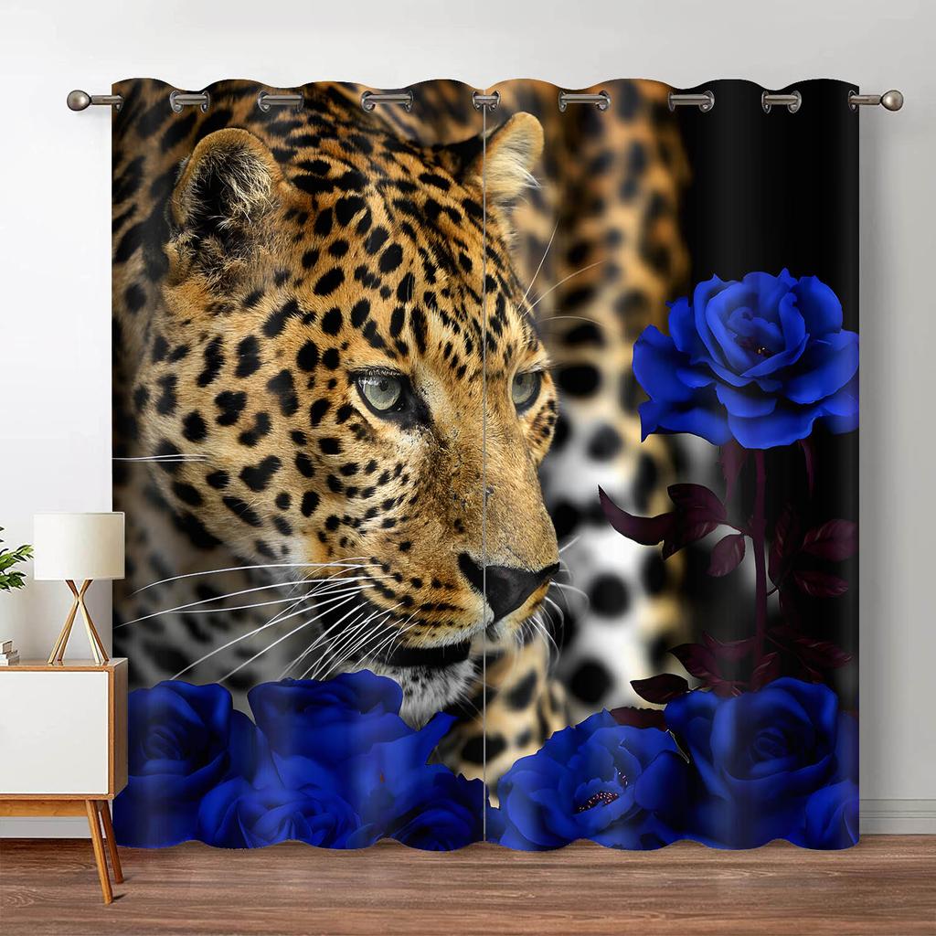 Leopard Flower Window Curtain Living Room Tiger Block Out Curtains For Bedroom Dorm Wild Lion Rose Aesthetic Home Decor 2 Panels