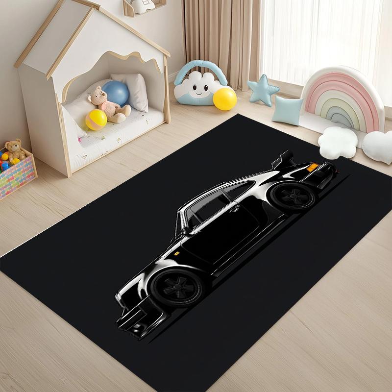 Fashion Black Sports Car Pattern Rug Mat Non-slip Stain Resistant Carpet for Living Room Bedroom Idea Car Enthusiast Gift