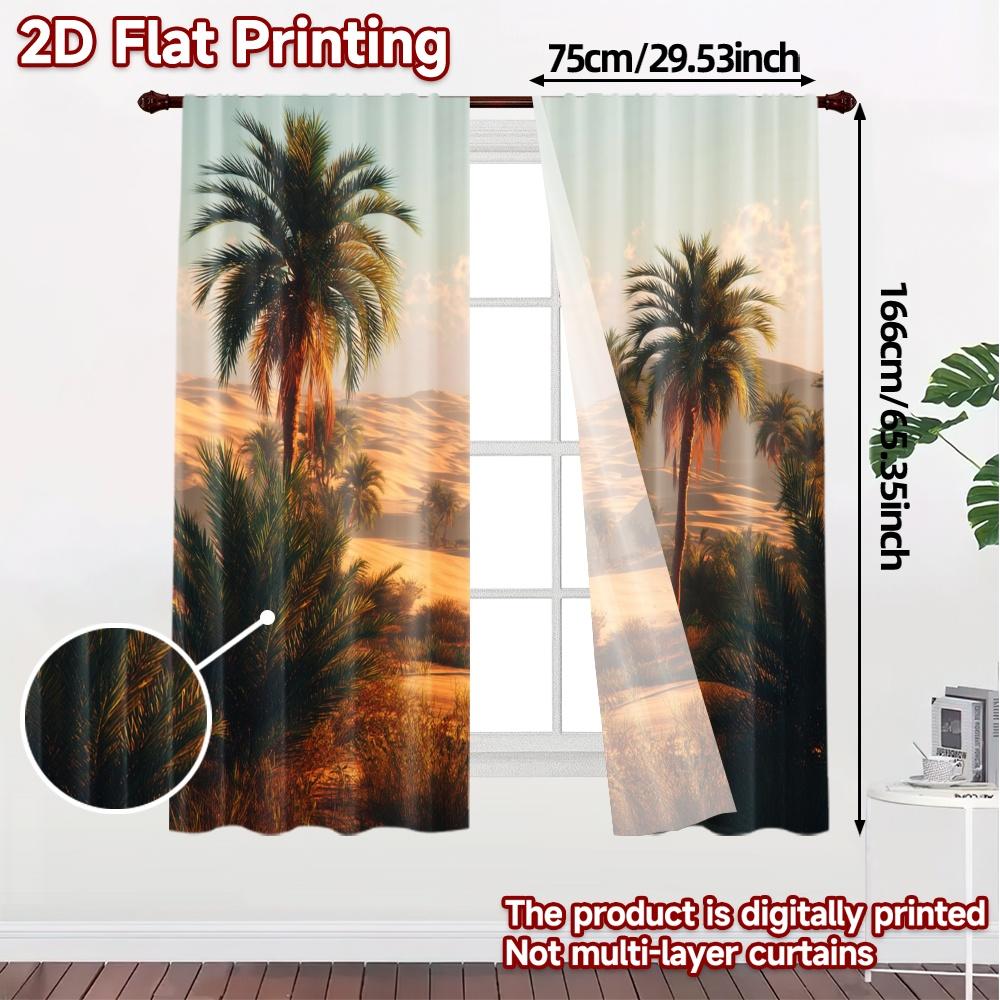 2pcs, 2D FLAT PRINTING Curtains (Without Rod) Desert Oasis Print Chic Curtains Versatile Polyester Curtains Outdoor Decorations