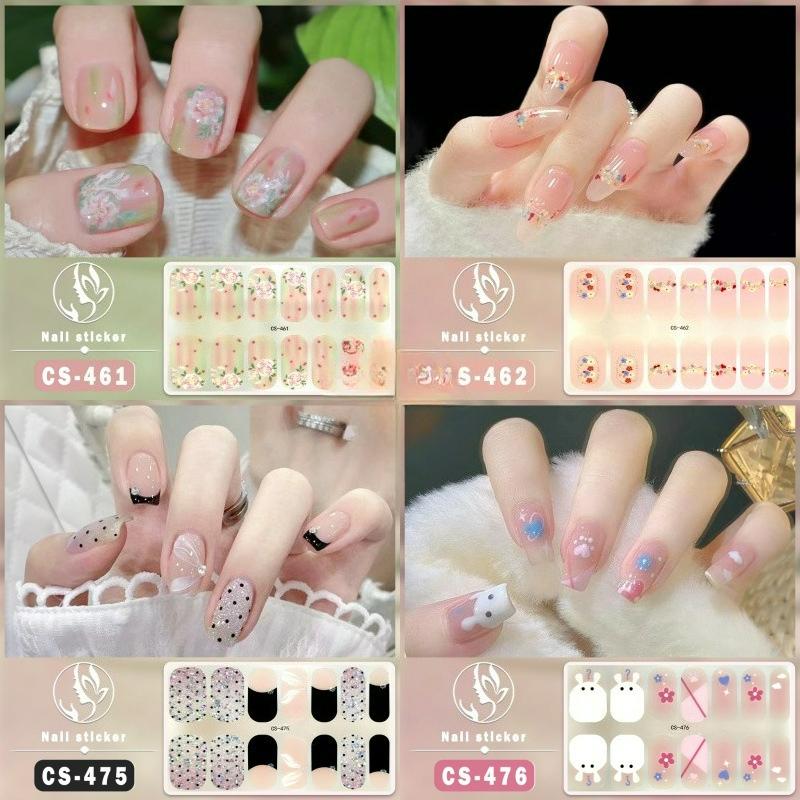 CS Waterproof No-Cure Gel Nail Wraps, Full Cover Japanese & Korean Style Floral Pattern Nail Stickers, Nail Patch Films