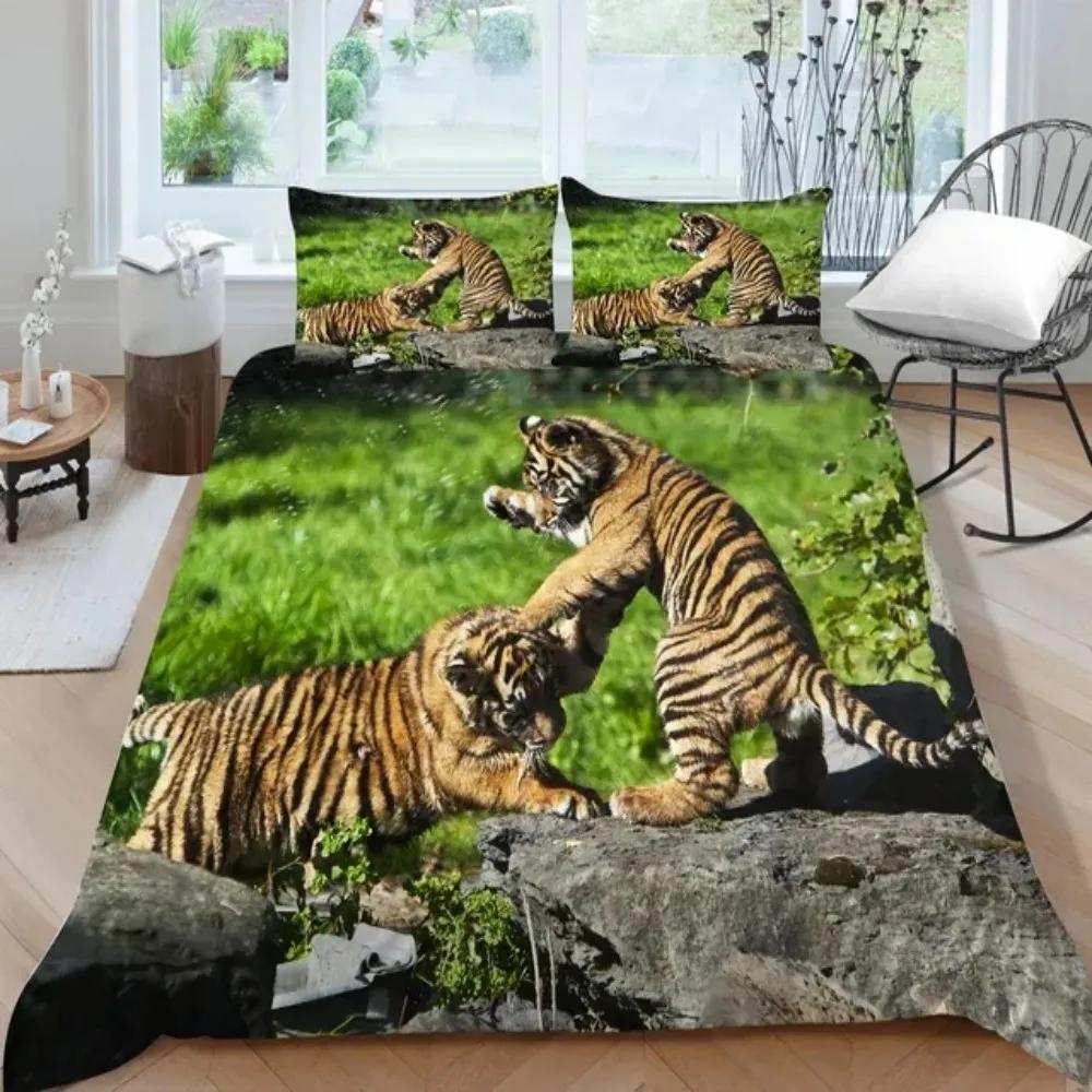 3D Animal Tigers Bedding Set 2/3PCS Soft Microfiber Queen King Twin Size Duvet Cover Set with Pillowcases Teens Boys Bed Linen
