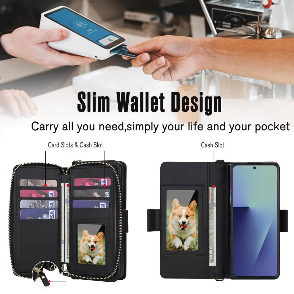 WEFOR Кошелек-чехол через плечо для Samsung Galaxy Z Fold 7 6 5 4 3 с RFID-молнией, откидная крышка, слоты для карт, подставка, ремешок на запястье, кошелек